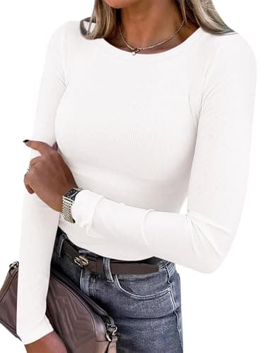 PRETTYGARDEN Women's Fall Long Sleeve Shirts Basic Tees (White,M)