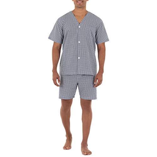 Fruit of the Loom Men's Broadcloth Short Sleeve Pajama Set, Navy/White Check, Medium