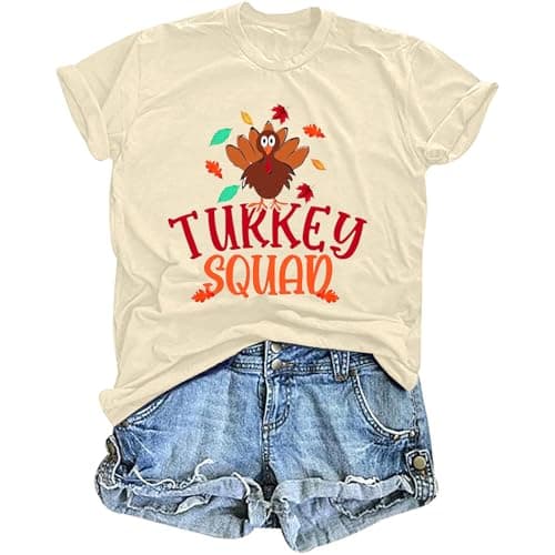 Thanksgiving Shirts for Women Funny Turkey Graphic Short Sleeve Shirt Beige