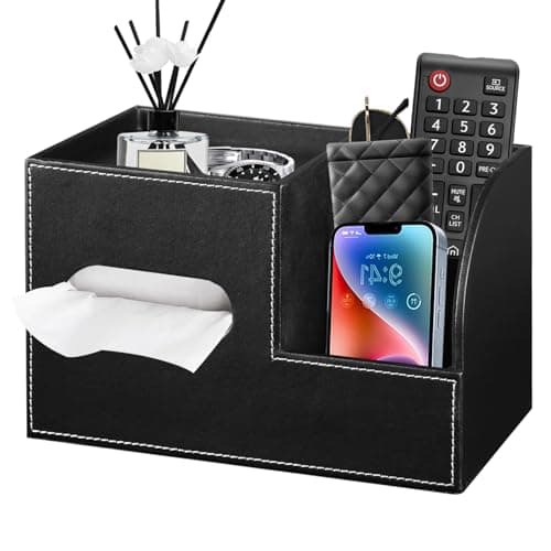 Leather Square Tissue Box Cover with Storage Tray,Cube Tissue Box Holder,Modern Facial Paper Organizer with Remote Control Holder for Bathroom,Vanity Countertop,End Table NightStand Home Office.Black