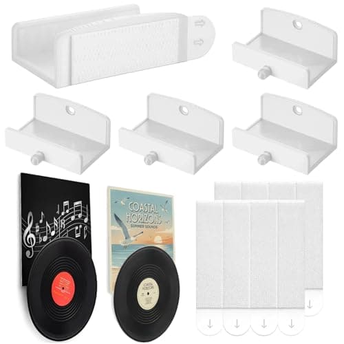 Chumia 4 Pack Vinyl Record Wall Mount with Hanging Strips, Dual Display Album and Disc No Drill Vinyl Storage Shelves for 1LP & 2LP Album Covers Display and Home Wall Decoration (White)