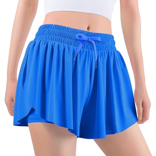 Auranso Girls Flowy Shorts with Pocket 2-in-1 Athletic Running Butterfly Shorts Blue 11-12 Years