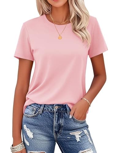 MAGCOMSEN Womens Cotton Tee Crew-Neck Short-Sleeve Classic-Fit Breathable Soft Tops Casual Solid Summer Basic T-Shirt, Light Pink, M
