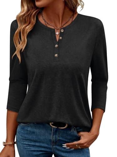 TICTICMIMI Women's 3/4 Sleeve Henley Tops Casual Button Down Loose T Shirts