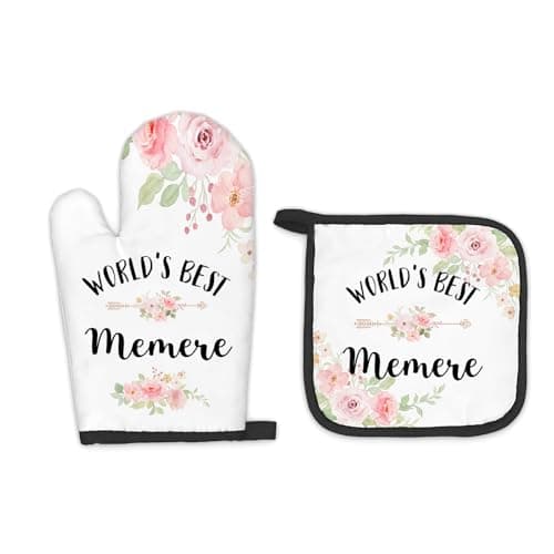 FIicy Memere Gifts Oven Mitts and Pot Holders Sets, Gifts for Memere from Grandkids Kitchen Decor Accessories Sets, World’s Best Memere Heat Resistant Oven Glove Potholders for Kitchen Cooking
