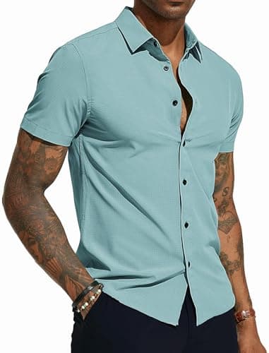 PJ PAUL JONES Mens Button Down Short Sleeve Shirt Wrinkle Free Dress Shirts for Men Casual Summer Beach Vacation Shirts Light Blue XL