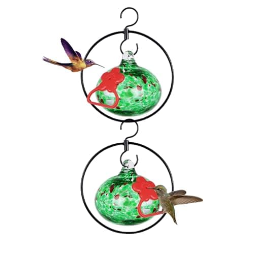 Headak Life 2 Pack Hummingbird feeders for Outdoors Hanging with Iron Hook,Hand Blown Glass Hummingbird Feeder with 2 Adjustable Silicone Perch,Never Leak,Gardening Gifts for Woman Man(Green)