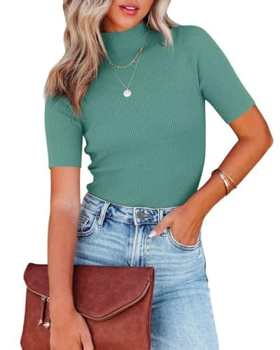 Lacozy Women Short Sleeve Shirt Mock Neck Top Ribbed Knit Pullover Sweater