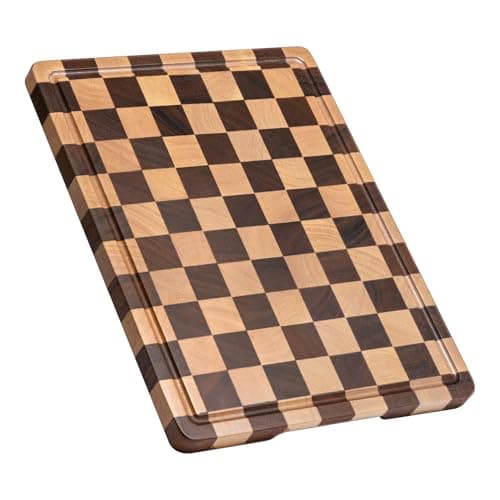 FYCTIO Checkered Cutting Board, Wooden Cutting Boards for Kitchen, Acacia Wood Cutting Board with Handle & Juice Grooves, Small Charcuterie Boards with Gift Box, 14" X 11" X 0.8"