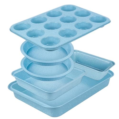 Barlket 6-Piece Nonstick Cake Baking Set, Blue — Round Pie Pans, Loaf Pan, Muffin Pan & Square Cake Pan, Stackable Carbon Steel Bakeware for Beginner Bakers, Oven Safe