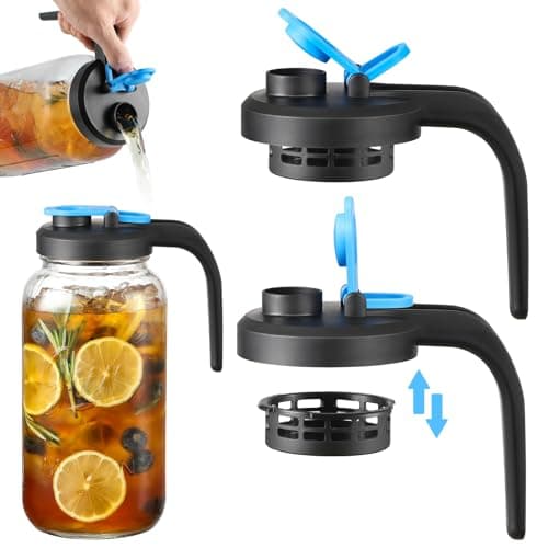 UPGRADED- Mason Jar Pour Spout Lids with Detachable Filters for Wide Mouth Mason Jars - 2 Pack Flip Top Pitcher Lids with Handle for Ball & Others- Airtight Seal Cover Cap, Dishwasher Safe, Food Grade