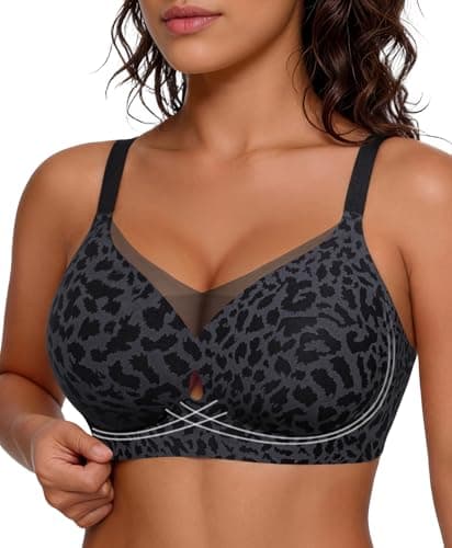 Popilush Jelly Bras for Women Seamless Wireless Comfortable Full Coverage Bralettes No Underwire Push Up Bra Leopard Black