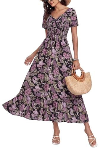 Women's 2026 Boho Floral Summer Dresses Square Neck Short Sleeve A Line Long Dress Smocked Tiered Maxi Dress