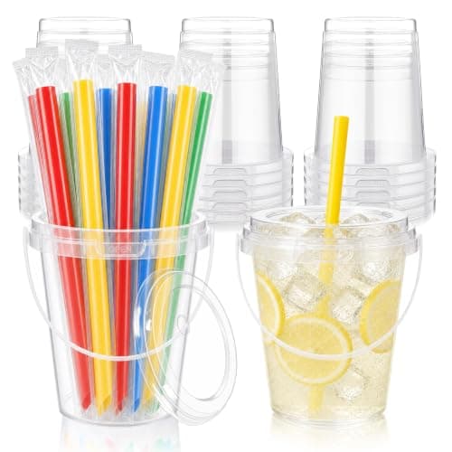 30 Pack 34 oz Drink Buckets with Lids and Straws, Clear Bucket Cups