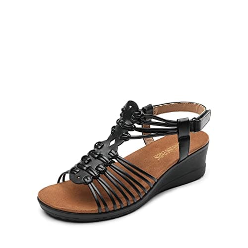 DREAM PAIRS Women's Comfortable Strappy Low Heel Open Toe Slip-On Wedge Sandals Arch Support for Summer Dressy Shoes,Size 8,Black,SDPW2350W