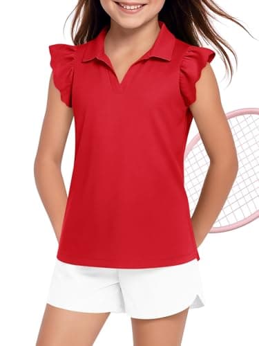 Haloumoning Girls Ruffle Short Sleeve Polo Shirt Kids V-Neck Golf Tennis Shirts Tops School Uniform Tees 5-14 Years Red