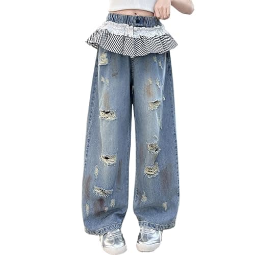 YaYabroe Kids Girls Ripped Jeans Washed Elastic Waist Wide Leg Baggy Pants Size 5-14 Years(Blue Lace&Checked Waist,8-9 Years)