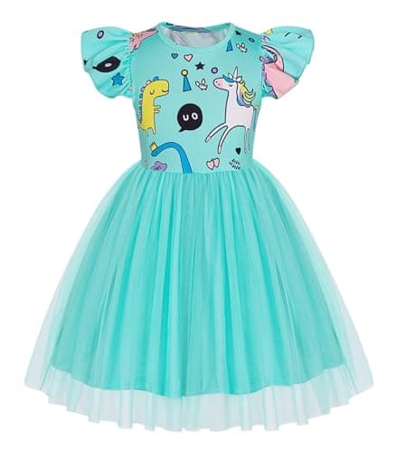 WonderBabe Girls Unicorn Tulle Dresses Toddler Ruffle Sleeve Unicorn Tutu Dress Kids Clothes Party Gifts Outfits Size 5-6 Years