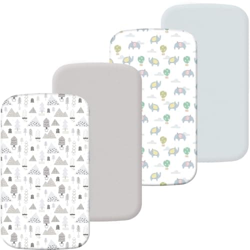 4 Pack Stretchy Bassinet Sheets 20" x 33" Fit for Baby Delight, BCOL, Jimglo, Angelbliss, Maxi-COSI & Most Regular Size Bedside Sleeper- Soft Breathable Fitted Bassinet Sheets - Blue & Grey Forest