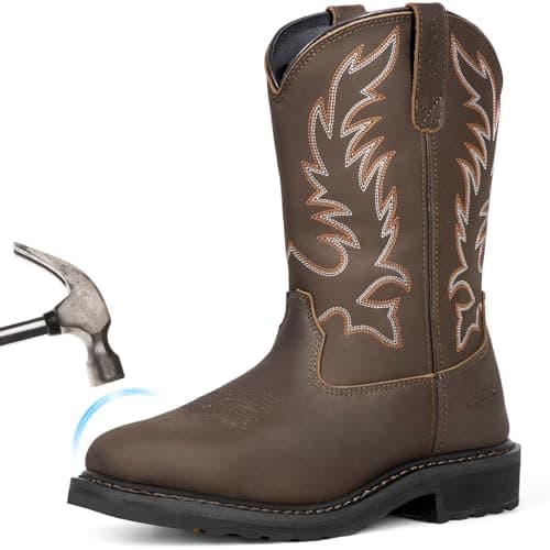 Hunthor Cowboy Work Boots for Men, Square Steel Toe GoodyearWelted Leather