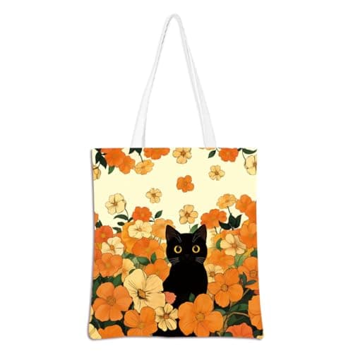 VYXVYX Black Cat Tote Bag Spring Gifts Cat Lover Gifts For Women Floral Spring Tote Bag for Shopping Work Picnic Travel Gym 13.7 x 15.7 Inches
