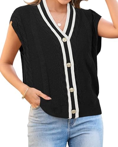 Arach&Cloz Summer Sweater Black Vest Tops for Women 2025 Striped V Neck Button Down Knit Business Casual Wear Trendy Outfits Old Money Clothes M