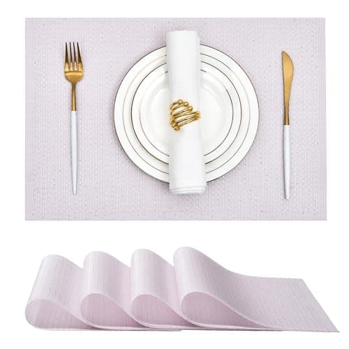 Leetaltree Sparkling Pale Lavender Sequin Woven Vinyl Placemats, Set of 4 - Waterproof & Washable Dining Table Mats for Wedding, Anniversary, Daily Use, Hand-Cut