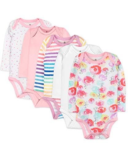 HonestBaby 5-pack Long Sleeve Bodysuits One Piece for Infant Baby Girls, Rose Blossom, Newborn