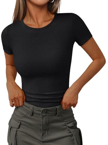 Trendy Queen Womens Short Sleeve Shirts Crewneck Ribbed Knit Slim Fitted T-Shirt Summer Tops Basic Tee 2026 Spring Outfits Black S