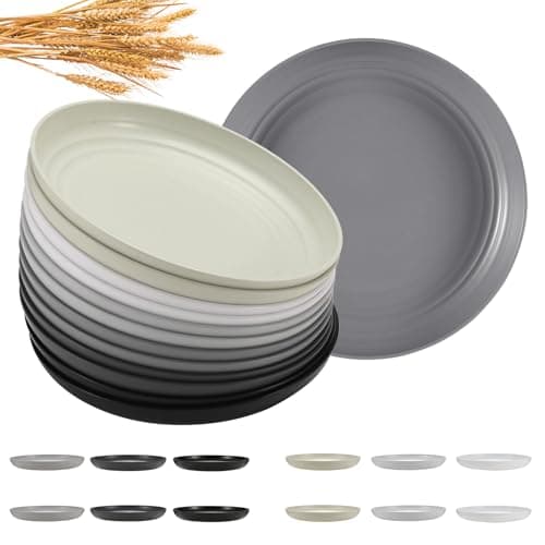 HEYCOME 12 Pcs Unbreakable Deep Dessert Plates Set, 8 inch Reusable Plastic Wheat Straw Plates, Microwave and Dishwasher Safe Plate for Kitchen, Lightweight Plate for Dessert, BPA Free, 6 Colors