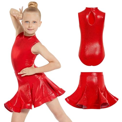 Gogokids 2Pcs Girls Latin Dance Dress Sparkly Ballet Tango Dancewear Rumba Samba Costume with Removable Flare Skirt, Red(130/8-9 Years)