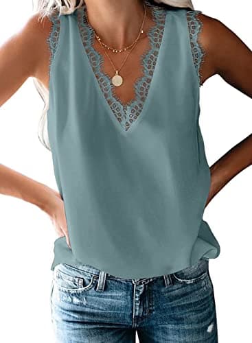 BLENCOT Womens Summer Cute Lace V Neck Tank Tops Loose Fit Flowy Sleeveless Shirts Blouses Lake Blue 2XL