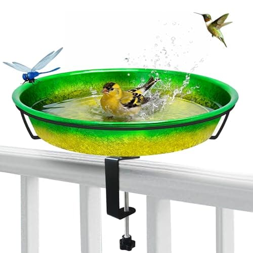 Deck Mounted Bird Bath for Outside Metal 11.5”Green Lime Gradient Detachable Bowl with Wide Clamp Railing Birdbath Wild Birds to Bathe & Drink Decorative Birdbath for Balcony Fence Yard Garden