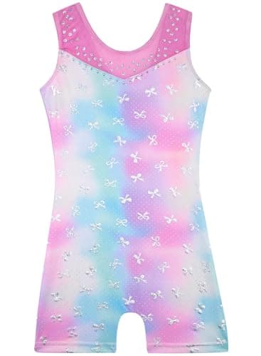 XiaoMoSha Leotards for Girls Gymnastics Size 5-6 Years Old Sparkly Classic Love Heart Biketards with Shorts Shiny for Girl Workout RainbowBow,5-6Y