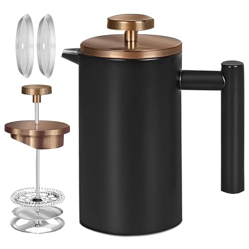 Miuly 12oz French Press for One Person, Small Coffee Press 350ml with 2 Filter Mesh, Double Wall Insulated French Press for Travel, Black