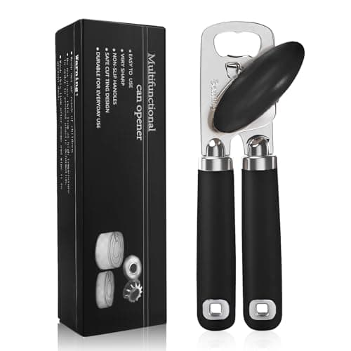 Safring Can Opener Manual, Heavy Duty Stainless Steel Smooth Edge Can Openers With Soft Touch Handle, Oversized Handheld Easy Turn Knob, Multi-Function Bottle Opener, Black