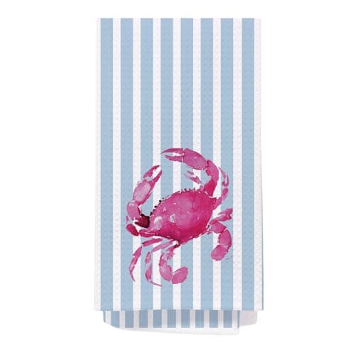 SPBL&L Hot Pink Crab Preppy Beach Kitchen Towels, Ocean Crab Decorative Dish Tea Towels for Kitchen, Retro Blue and White Striped Coastal Nautical Hand Towels for Bathroom, 16x24 Inch
