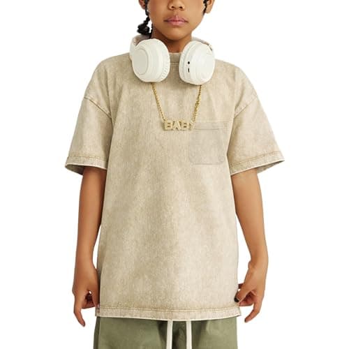 Yimoon Boys Girls Cotton T-Shirts Kids Oversized Acid Wash Tee Shirts Loose Fit Short Sleeve Summer Basic Tops(Apricot-7Y)