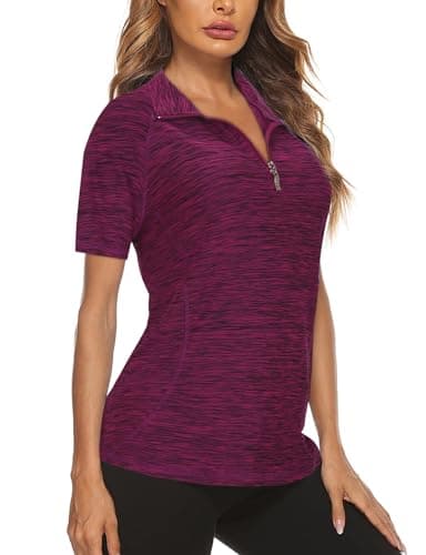 Koscacy Moisture Wicking Shirts for Women,Workout Half Zip Moisture Wicking Polo Shirts Short Sleeve Athletic Lady Golf Tops for Tennis Comfort Sport Quick Dry Black Purple L