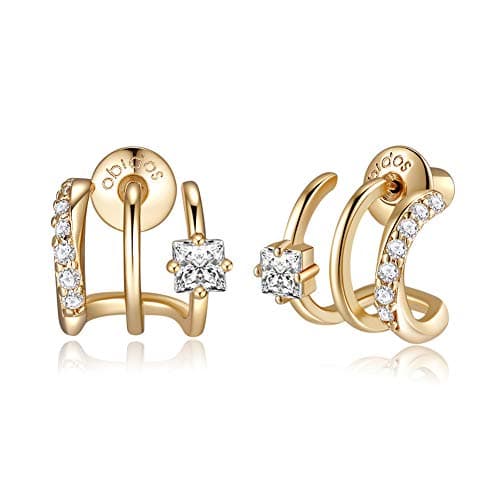 Obidos 14K Gold Plated Illusion Stud Earrings for Women | Triple Huggie Hoop Earrings for One Hole| Trendy Simple Hypoallergenic Fashion Accessories Gold Jewelry Gifts for Womens (Yellow Gold)