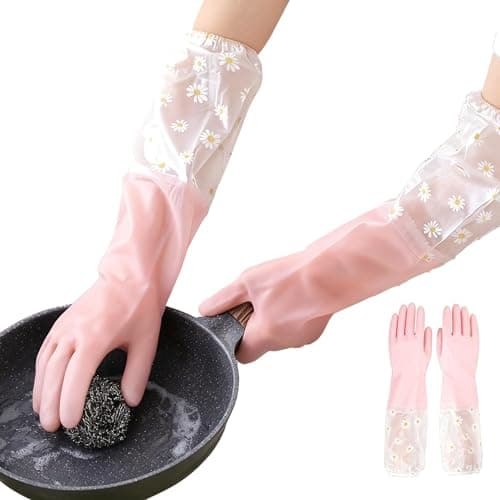 ITISMUNGO Dishwashing Cleaning Gloves Thick Waterproof Tear-Resistant Household Rubber Cleaning Gloves with Long Elastic Cuffs for Kitchen Laundry Fruits Gardening (Pink, Lined)