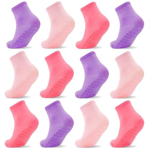SkiBeaut Toddlers Girls Socks, Kids Grip Girl Boy Non Slip Anti Skid Gripper 12 Pairs Little Kid Slipper Toddler House Socks Age 1-3