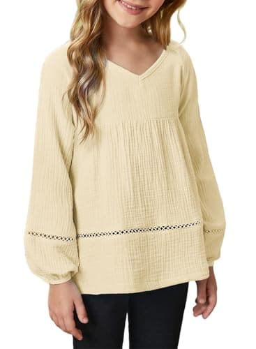 blibean Girls Cotton Fall Shirts Long Sleeve Tops Cream Size 4-5