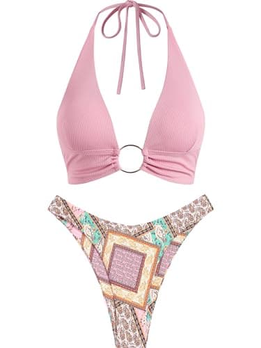 ZAFUL O Ring Halter Bikini Sets for Women High Cut Swimsuits Trendy 2 Piece Bathing Suit Ribbed Match Pink S