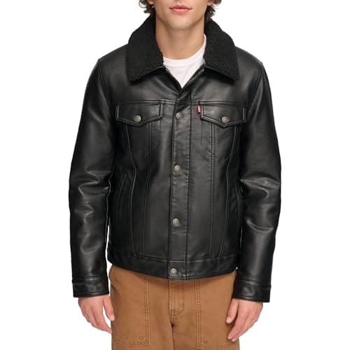 Levi's Men's Faux Leather Classic Trucker Jacket, Black w/Sherpa Collar, XX-Large