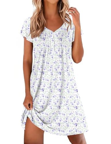 Ekouaer Nightgowns for Women Short Sleeve Moo Moos Pleated Night Gowns Sleepwear Button Sleepshirts House Dress with PocketsPurpleXL