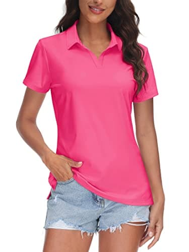 TACVASEN V Neck Polo for Women UV Protection Polos Golf Shirt UPF 50+ Collared Shirts Dry Fit Breathable Tops, Rose Red, M