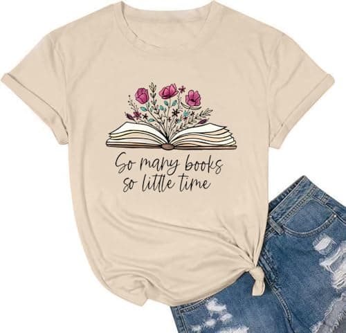 Book Lover Shirt for Women Funny Library Graphic Tee, Apricot, S