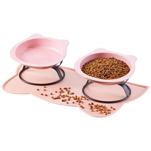 Elevated Cat Bowls with Food Mat & Metal Stand - 7.1" Wide Stainless Steel Whisker Friendly Dishes, 15° Tilt for Cats/Kittens/Small Dogs, Indoor/Outdoor & Travel Use (2-Pack) HBGmao-hao (Pink)