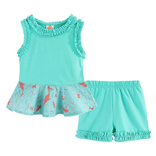 Mud Kingdom Littler Girls Summer Outfit 2 Piece Ruffle Hem Tank Tops and Shorts Set Cartoon Ocean Mint Green 5T